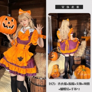 枫潇潇万圣节cos服女生成人银河约会指南 女仆装Lolita动漫cosplay女装 南瓜色套装（连衣裙+围裙+头饰+项圈+手环+蝴蝶结 L （建议105-120斤）